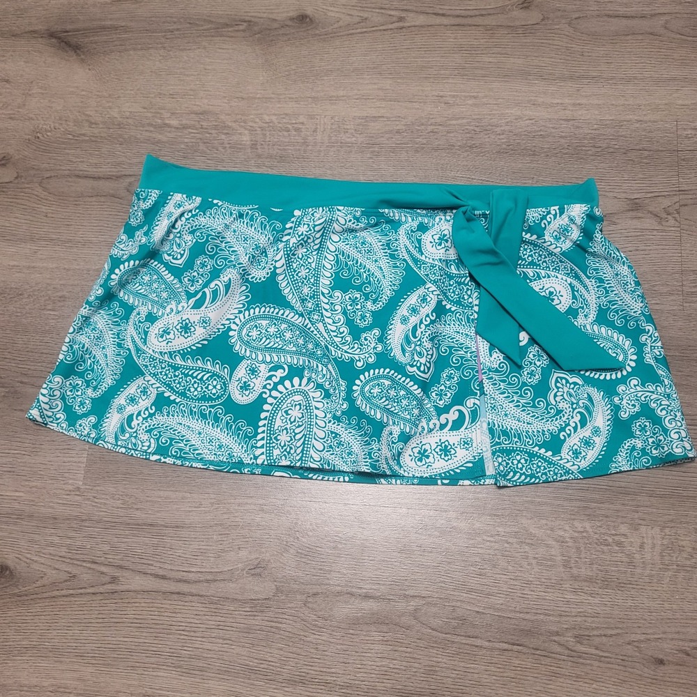 Athleta Teal Paisley Side Tie Swim Skirt Bottoms Size Large Modest Vacation